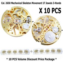 GOLD Skeleton Mechanical Movement 2650 X 10 PCS Manual winding 3-Hands 17 Jewels - £78.75 GBP
