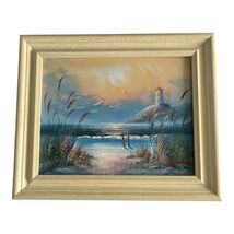 Vintage B. Nelson Lighthouse Seascape Oil Painting on Canvas Framed 10x13 - $40.50