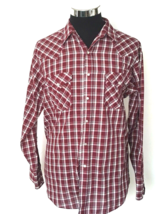 Plains Western Shirt Mens Size Large Maroon Plaid Pearl Snaps Close Long Sleeves - £14.23 GBP