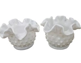 Fenton White Milk Glass Hobnail Rose Bowl Vase Set of 2 Vtg - $19.75