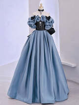 Unique Blue Satin Lace Long Prom Dress,Off Shoulder Evening Dresses - £147.39 GBP