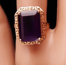 Vintage 14kt Gold Ring - 6CT amethyst - emerald cut - 5 1/2 - BIG deco style set - £573.44 GBP