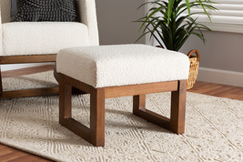 Roana Off-White Boucle Upholstered and Walnut Brown Ottoman Footstool - $2,440.23 MXN