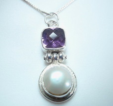 Faceted Amethyst and Cultured Pearl Double Gem 925 Sterling Silver Pendant - £11.38 GBP