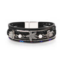 Black Polystyrene &amp; Pearl Turtle Starfish Layered Bracelet - £11.08 GBP