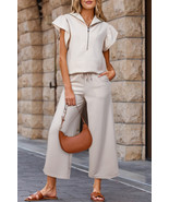 Apricot Textured Ruffled Sleeve Zipped Top and Wide Leg Pants Set - $38.28