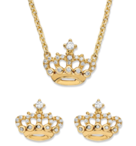 ROUND CZ CROWN STUD EARRINGS NECKLACE GP SET 14K GOLD STERLING SILVER - £157.26 GBP
