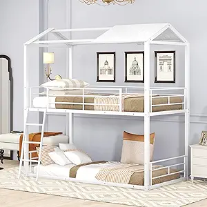 Merax Twin Over Twin House Bunk Bed, Metal Bed Frame Bunk Beds with Half... - $572.99