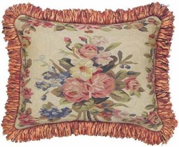Aubusson Throw Pillow 16x20 Pretty Pink Red Flowers Plants, Tassel Fringe - £175.05 GBP