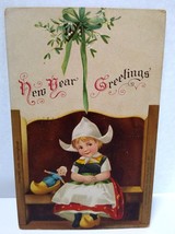 New Years Postcard Ellen Clapsaddle Dutch Girl Wood Shoe 1908 Germany Vintage - £12.96 GBP
