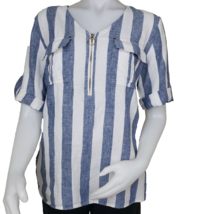 Ellen Tracy Linen Top Womens M Blue Stripe Zip Roll Tab Sleeve Lagenlook Tunic - £16.16 GBP