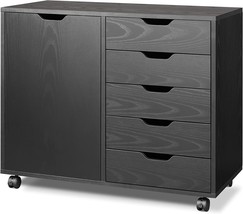 Black Devaise 5-Drawer Wood Dresser Chest With Door, Mobile Storage Cabi... - $142.96