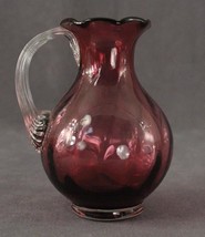 Vintage MCM Hand Blown Art Glass Cranberry Optic Ribbon Handle Mini Pitcher - $18.58