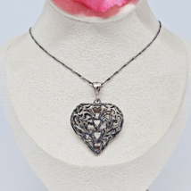 925 Oxidized Sterling Silver Puffy Filigree Heart Pendant Chain Necklace 31” - £30.79 GBP