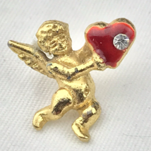 Cherub Heart Pin Gold Tone Enamel Cupid Angel Valentine Brooch - £8.08 GBP