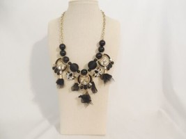 INC Gold-Tone Black Stone Crystal,Bead, Mesh Fabric Statement Necklace S307 - $16.31