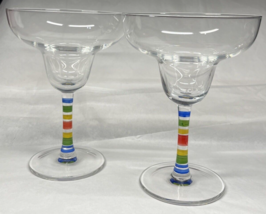 Pair Vintage Margarita Glasses Fiesta Rainbow Stripes Colorful Stem Lot of 2 - £11.09 GBP