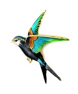 FLYING SWALLOW PIN 2&quot; Colorful Swift Bird Brooch Gold Blue Green Teal En... - $8.95