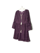 Entro Size Small Purple Boho Dress Tassels Bell Sleeves Lace Up Lace Crochet - £20.11 GBP