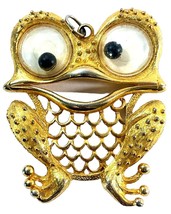 Rare JJ Jonette Leaping Frog Pendant Gold Tone Textured Jiggly Eyes 2.5”... - $11.97
