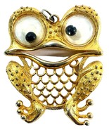 Rare JJ Jonette Leaping Frog Pendant Gold Tone Textured Jiggly Eyes 2.5”... - $11.97