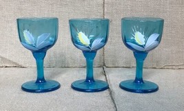Hand Painted Flowers Bright Blue Cordial Glasses Stemware Set Of 3 - $29.70