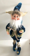 Christmas Elf Pixie Doll Braid Trim Hanging Posable Bell Velvet Blue GoldHoliday - £34.58 GBP