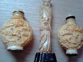 Two carved ivory color snuff bottles and Chinese figure - £408.89 GBP
