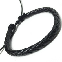 Black Faux Leather Bracelet Surfer Style Braided Adjustable Hemp Cord Men Women - £3.15 GBP