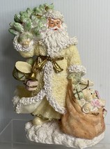 Pastel Glitter Resin Santa Yellow Gold Suit W/  Bag Of Toys &amp; Christmas Tree 10” - £11.90 GBP