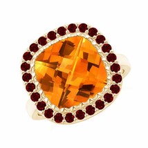 ANGARA Cushion Citrine Cocktail Ring with Ruby Halo for Women in 14K Solid Gold - £1,557.32 GBP