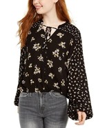 Hippie Rose Women Black Smocked Floral Long Sleeve Tie Neck Blouse Junio... - $378.38 MXN