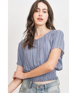Women&#39;s Woven Printed Crinkle Gauze Waist Smocking Short Sleeve Top - $473.13 MXN
