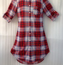 Red White Woman Plaid Shirt Button Down Dress Soft Long Top size 8/M New... - $27.72