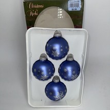 4 Vintage Christmas By Krebs Blue Glass Ball Ornament Silver Snowflake 2.5&quot; - £20.29 GBP