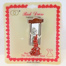 Red Dress Woman Looking in Mirror Enamel Pin Brooch Vanity Jewelry  NEW! - £10.60 GBP