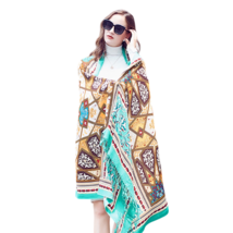 Anyyou 100% Merino Wool Cyan Multipattern  Silk Satin Large Winter Scarf... - $101.50