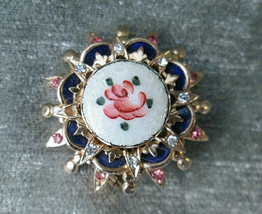 Vtg CORO Signed Guilloche Rose &amp; Rhinestone Brooch Pin Triple Layer Cons... - £24.03 GBP