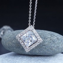 1.50Ct Princess Cut Halo Created Diamond Pendant Necklace 14k White Gold Finish - £81.45 GBP
