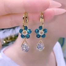 2022 Trend New Blue Crystal Flower Dangle Earrings For Women Girls Shining Zirco - £6.87 GBP