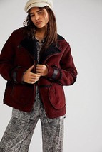 New Free People Cassidy Cozy Jacket SUEDE SHERPA $698 XS Burgundy &amp; Black  - £179.73 GBP