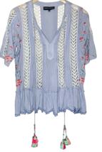 Hemant &amp; Nandita Blue Embroidered Crochet Top Size XS Tassels Ruffle Beads Bells - £31.18 GBP