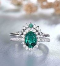 3.50 CT Oval Cut Green Emerald Wedding Halo Bridal Ring Set 14K White Gold Over - £103.37 GBP