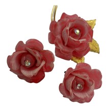 Vintage Flower Brooch Clip Earrings Germany Pink Plastic Rose Rhinestone... - £23.60 GBP