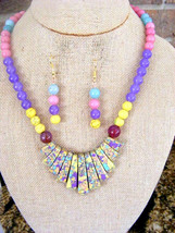  Handmade Mosaic Turquoise Bib, Jade, Russian Amethyst Necklace And Earrings - £23.73 GBP