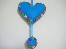 Heart Decor Felt Ornament stuffed beads both sides 5&quot; - blue w/ colorful flowers - £10.24 GBP
