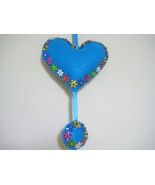 Heart Decor Felt Ornament stuffed beads both sides 5&quot; - blue w/ colorful... - £10.31 GBP
