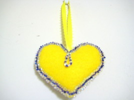 Heart Decor Ornament Felt lot of beads both sides 3&quot; Set of 2  yellow bl... - £15.65 GBP