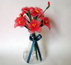 Vintage Floral Decor Vase with flowers 4&quot; x 6.5&quot; Gift red handmade nylon... - $39.95