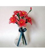 Vintage Floral Decor Vase with flowers 4&quot; x 6.5&quot; Gift red handmade nylon... - £31.83 GBP